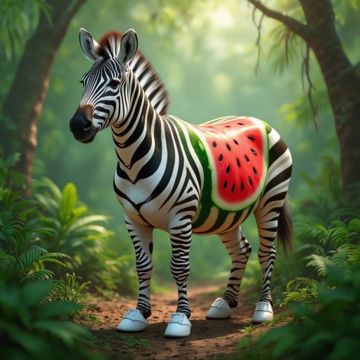 Zebra with watermelon body 4 human leg 4 wear white shoes in jungle