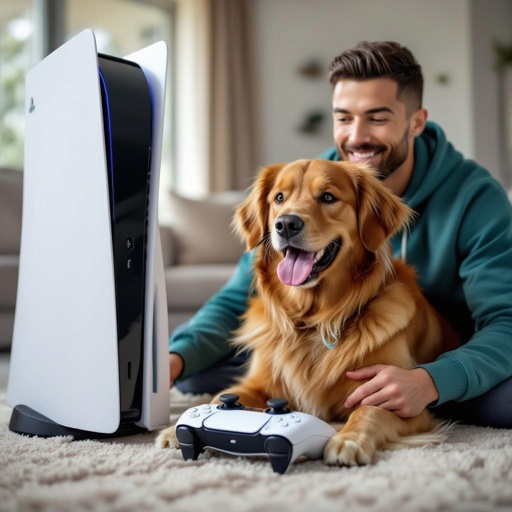 Un perro jugando a la ps5 junto con cr7