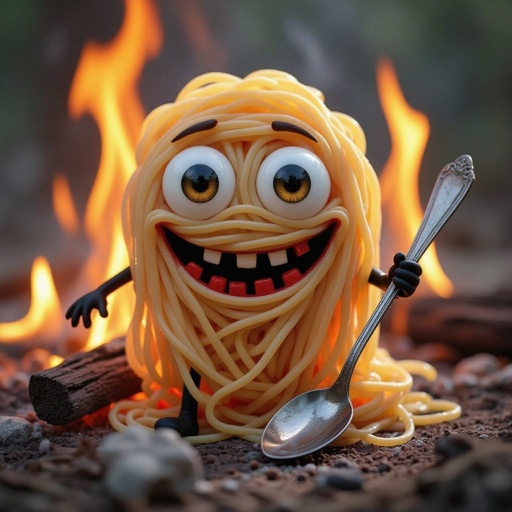 Crie um miojo com olhos e um sorriso REALISTA E ASSUSTADOS pegando fogo e com uma colher na mão 