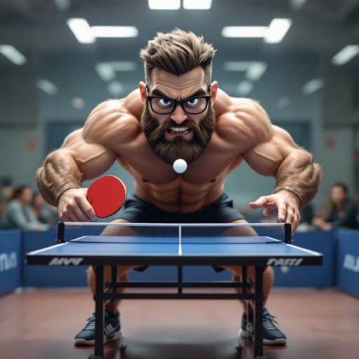 a table tennis racket with a flying ball, two hairy praccias and two hairy legs, two eyes and a mouth and glasses