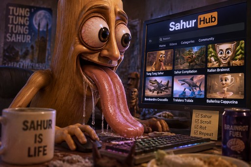 Cartoon person typing at laptop in colorful late-night sahur meme scene