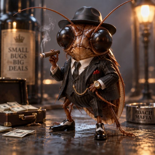 A cartoon fly in a cowboy hat and suit stands among vintage whiskey bottles and cards.
