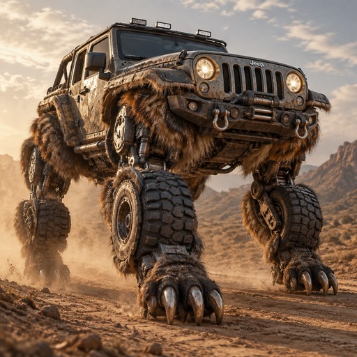 Oversized furry monster truck drives across a dusty desert in a surreal meme style.