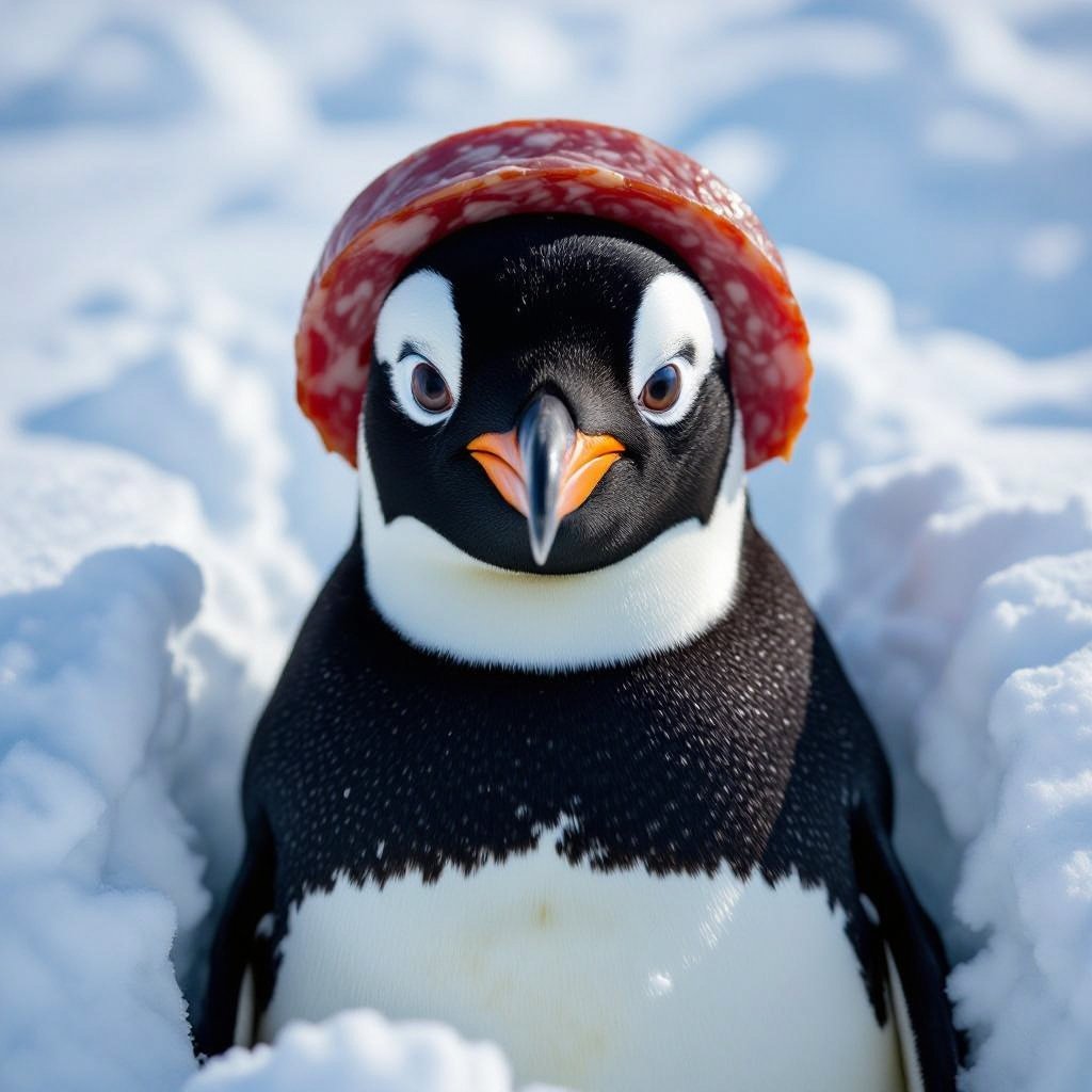 Penguin with salami head 2 human eye and penguin beak in snow