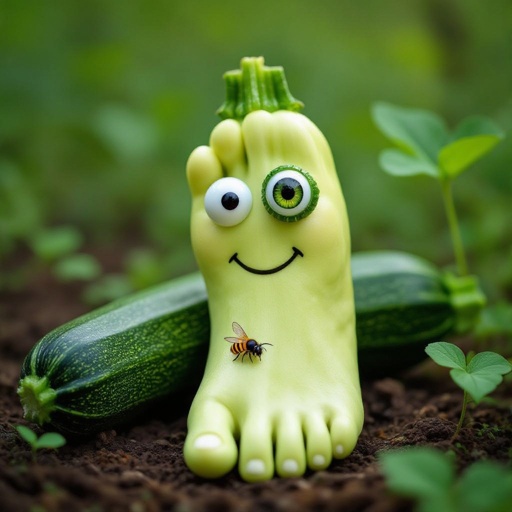 Zucchini 2 human foot with zucchini nose 2 leaf 2 bee eye in woods