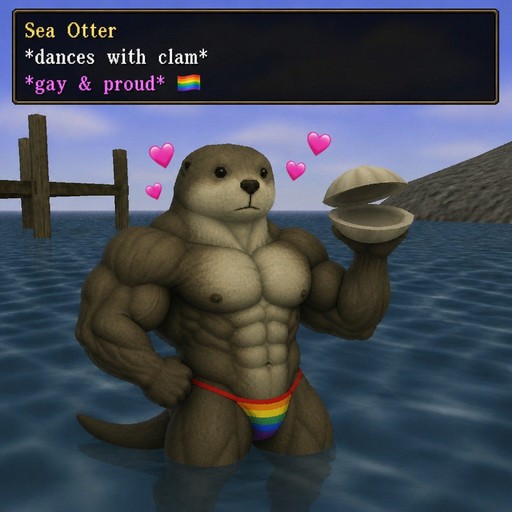 Anthropomorphic otter dances in water, holding a bowl, surrounded by pink hearts.