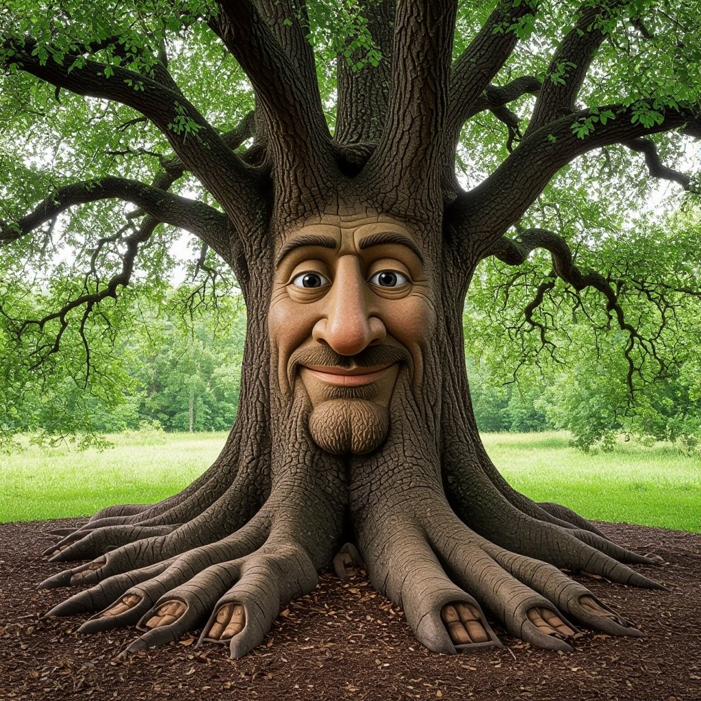 A tree with big feet and a long nose and a face