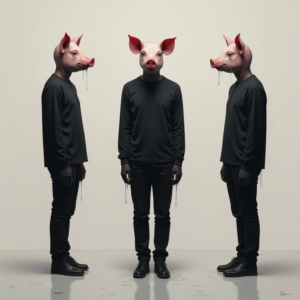 Black with a pig head crying
