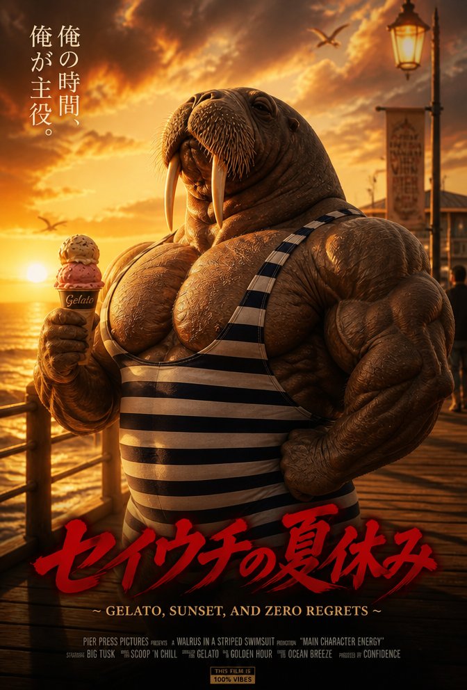 Anime-style muscular humanoid bear at sunset holding an ice cream cone.