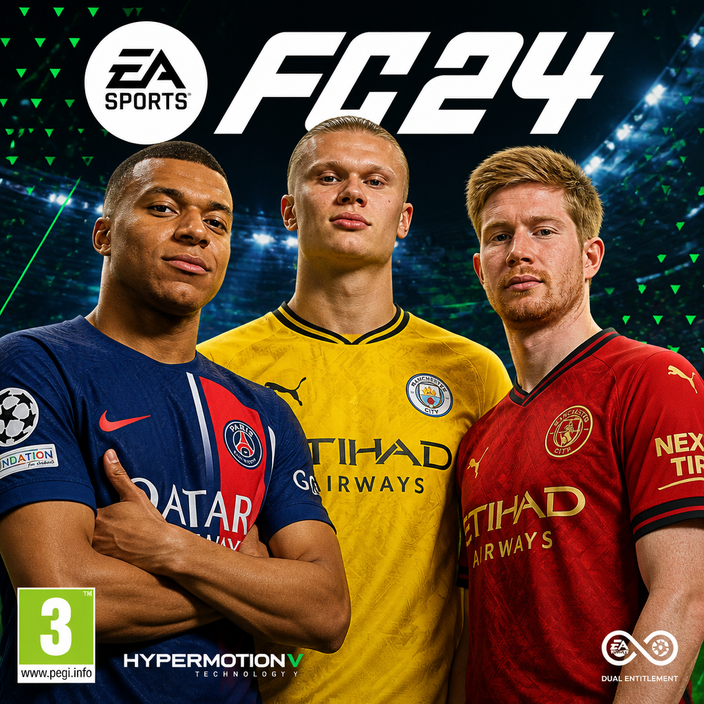 Mbappe, Haaland, Kevin De Bruyne on a fc24 cover