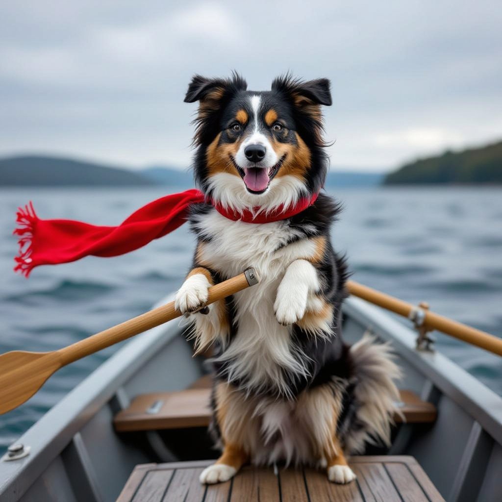 Un cane su una barca con un remo in mano mentre balla