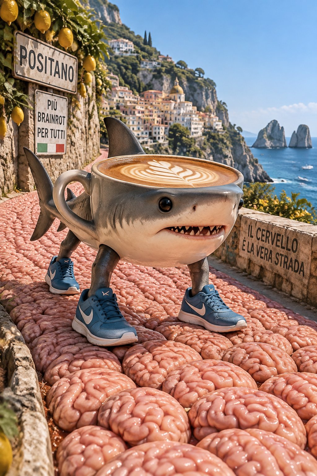 Shark wearing sunglasses and blue sneakers on a brain-shaped coastal walkway, surreal 3D style