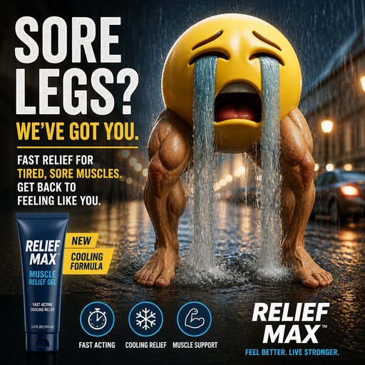 Cartoon crying figure with muscular arms beside a cooling relief spray advertisement.