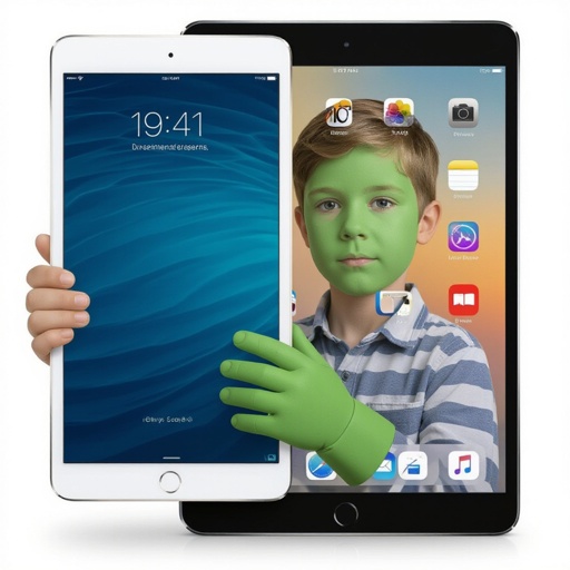 A boy his body is ipad and his face is green and his hand is a charger he is 10 years old