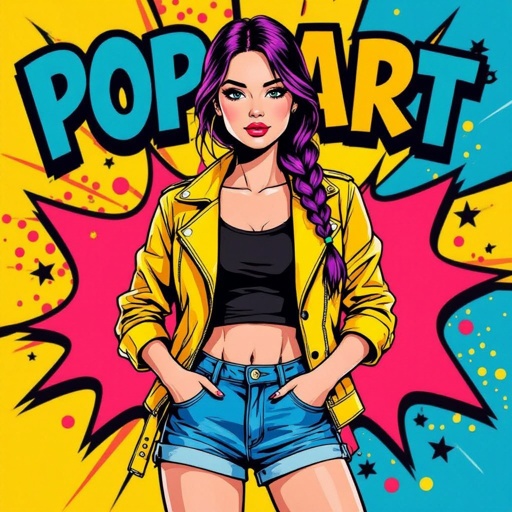 Ragazza con treccia e capelli viola vestita con giacchetta gialla e pantaloni blu corti