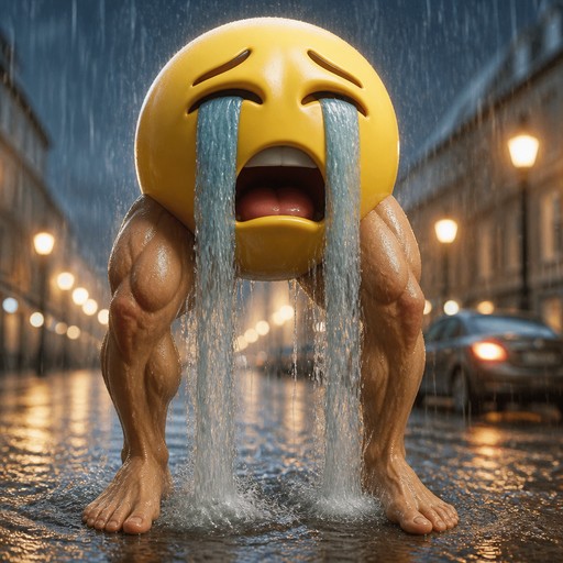 Surreal 3D emoji character crying in a rainy city street at night