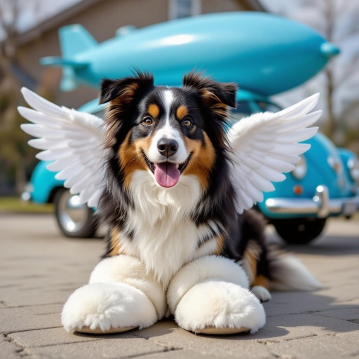 Un cane con le ciabatte con le ali e un auto blu alle spalle