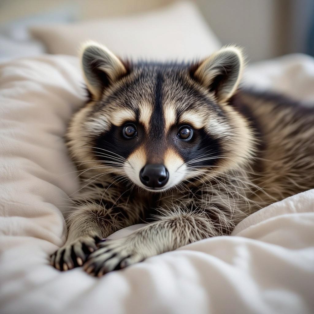 Raccon combined with a pillow on a bed