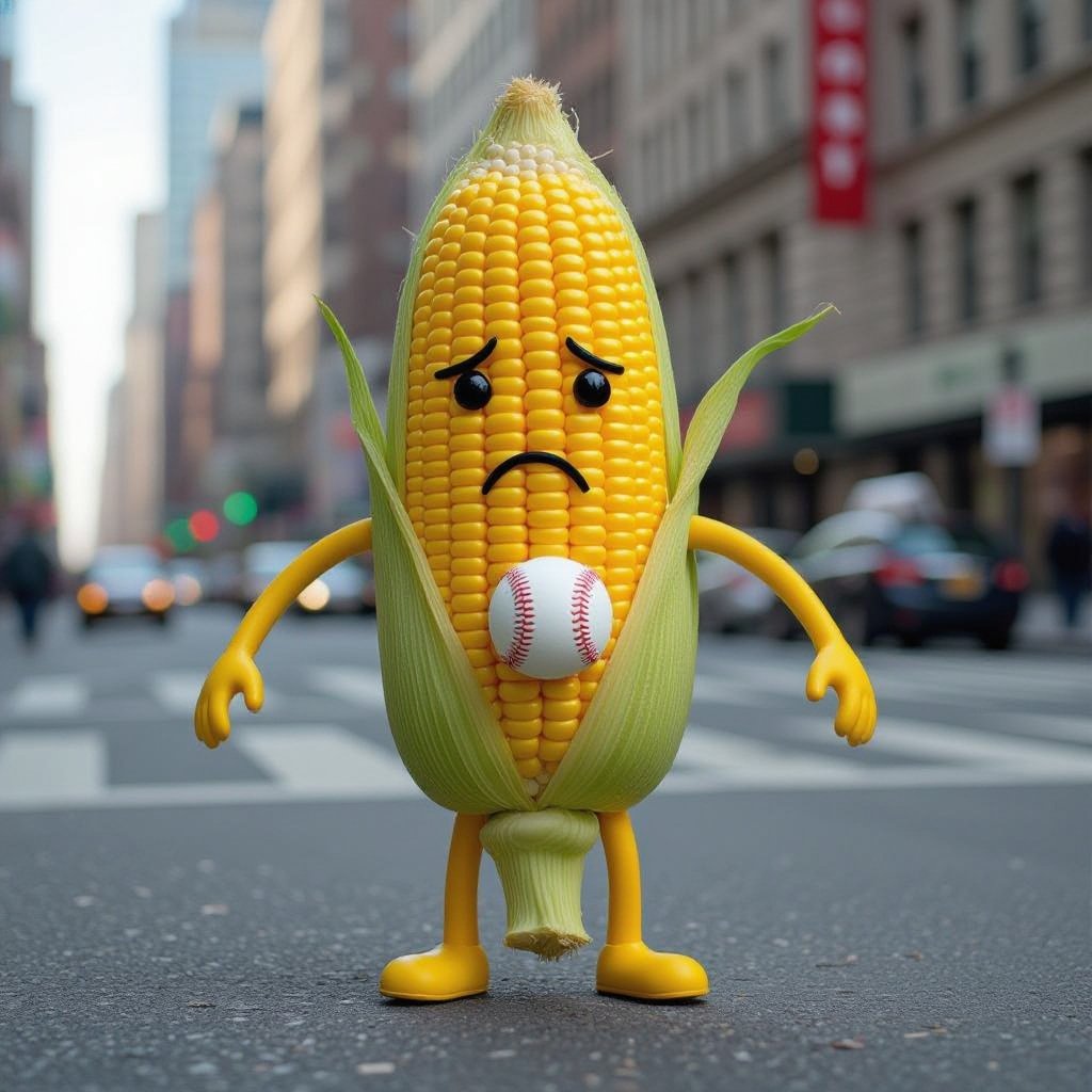 Corn with sad human face 2 yellow arm 2 yellow leg with corn baseball in city