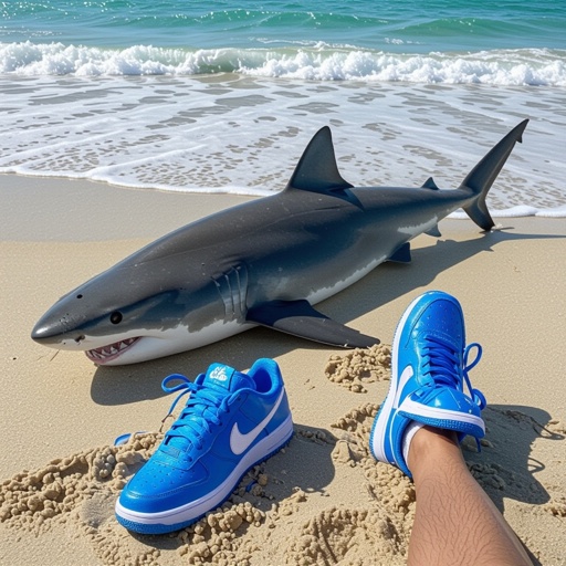 Uno squalo nella spiaggia con delle scarpe Nike blu