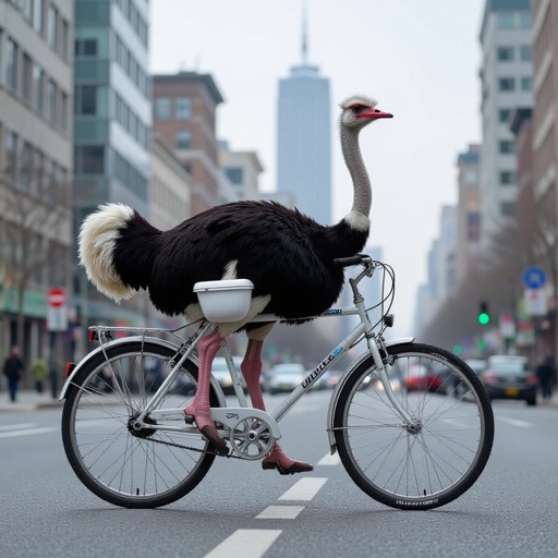 Ostrich with bicycle body and toilet on back in city