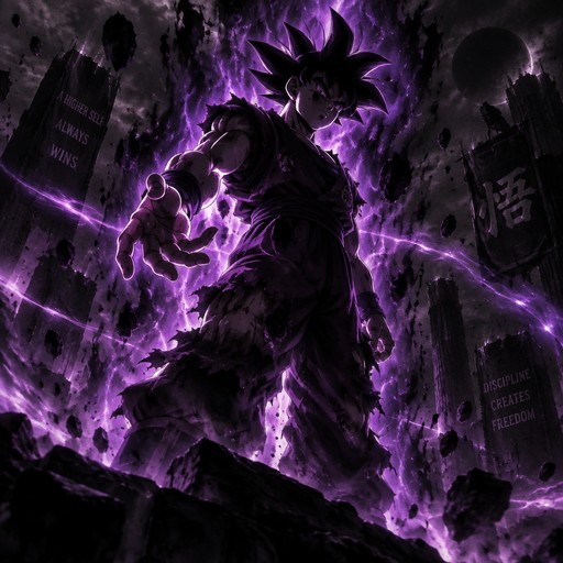 Dark anime-style figure surrounded by glowing purple lightning in a ruined cityscape