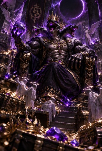 Purple fantasy throne scene with armored figures, glowing crystals, and dramatic lighting