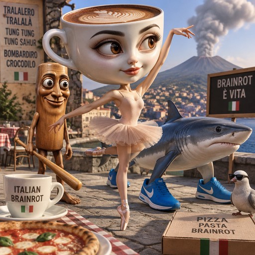 Cartoon coffee cup character dances beside a shark, pasta, pizza, and smoke-filled mountains