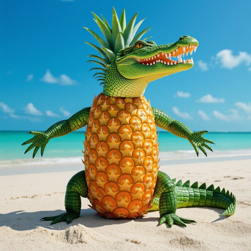 Crocodile with pineapple body 2 crocodile arm 2 crocodile leg in beach