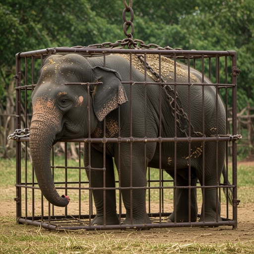Un elefante grasso che viene catturato in una gabbia