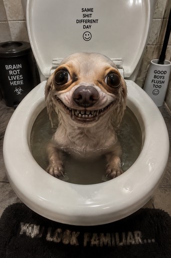 Surreal meme-style image of a small dog sitting in a toilet bowl.