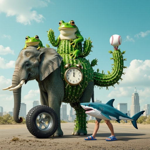 Elephant with cactus body with tire with frog head and shark head with human head 1 human arm with baseball 1 shark leg and human leg wear blue shoes and sandals with clock in city
