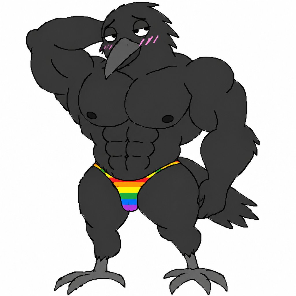 Cartoon black bird character flexing, wearing rainbow-striped clothing on a white background