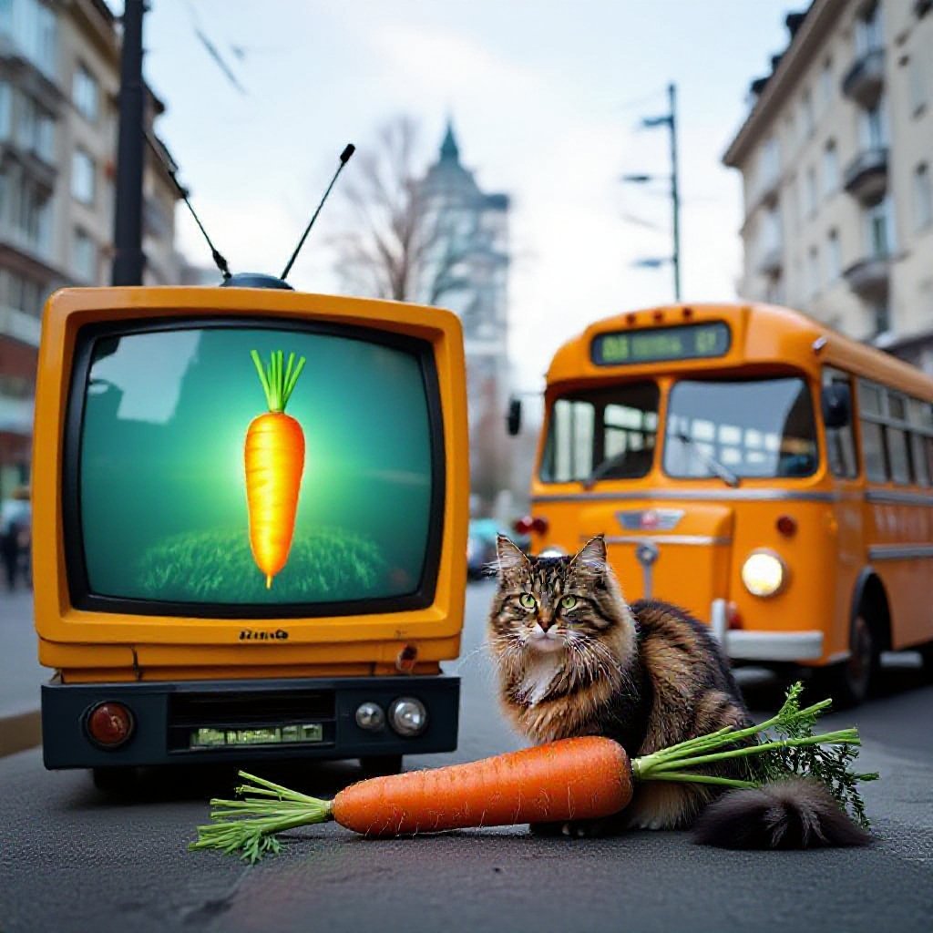 A cat and a TV and a bus with a carrot