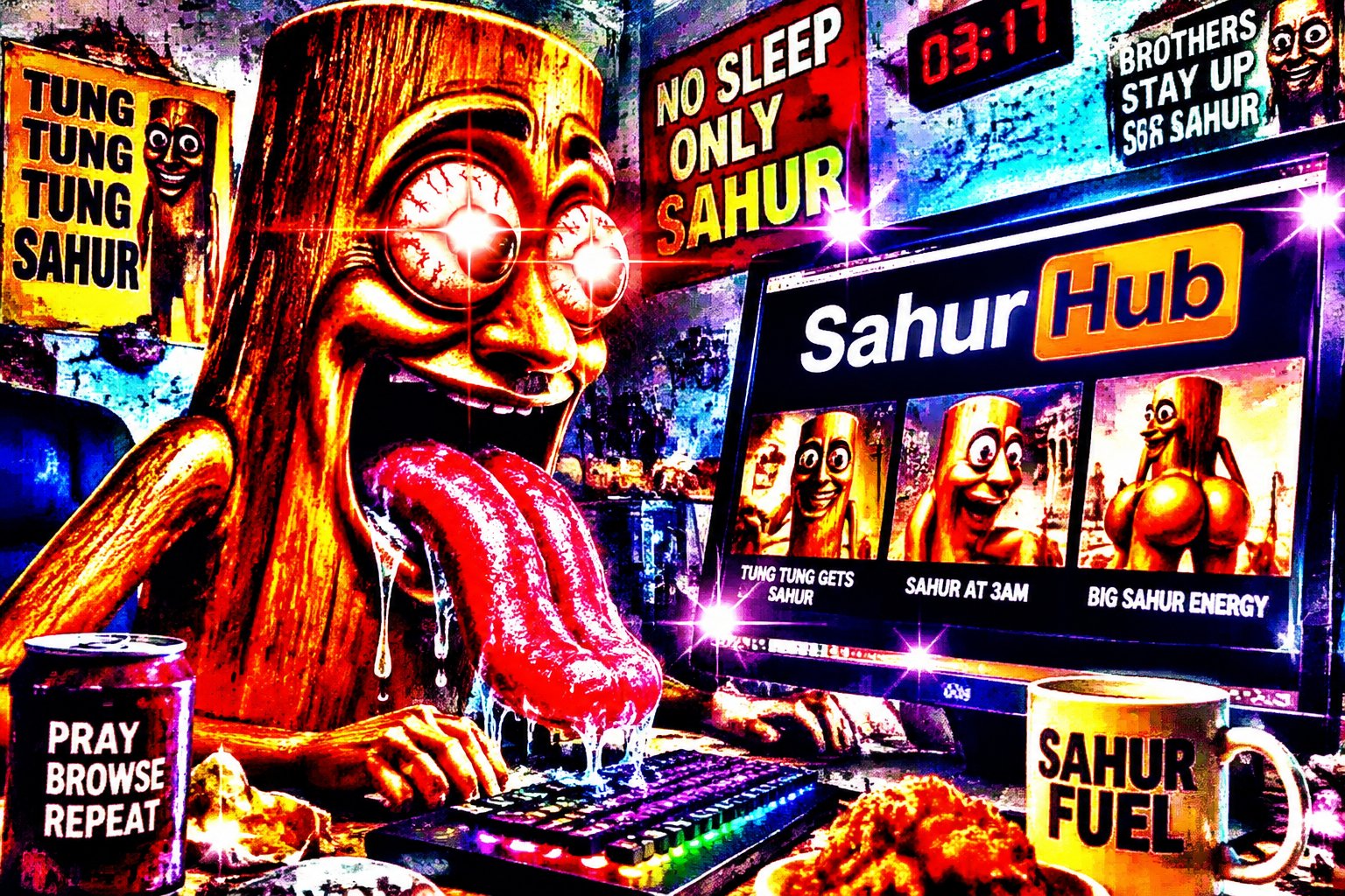Colorful meme collage featuring a masked figure, gaming setup, and Sahur Hub screen