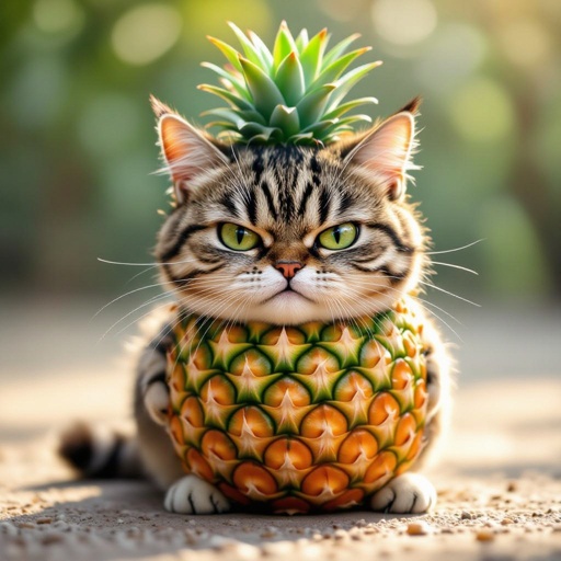 Um gato fofinho e bravo com o torso feito de abacaxi 