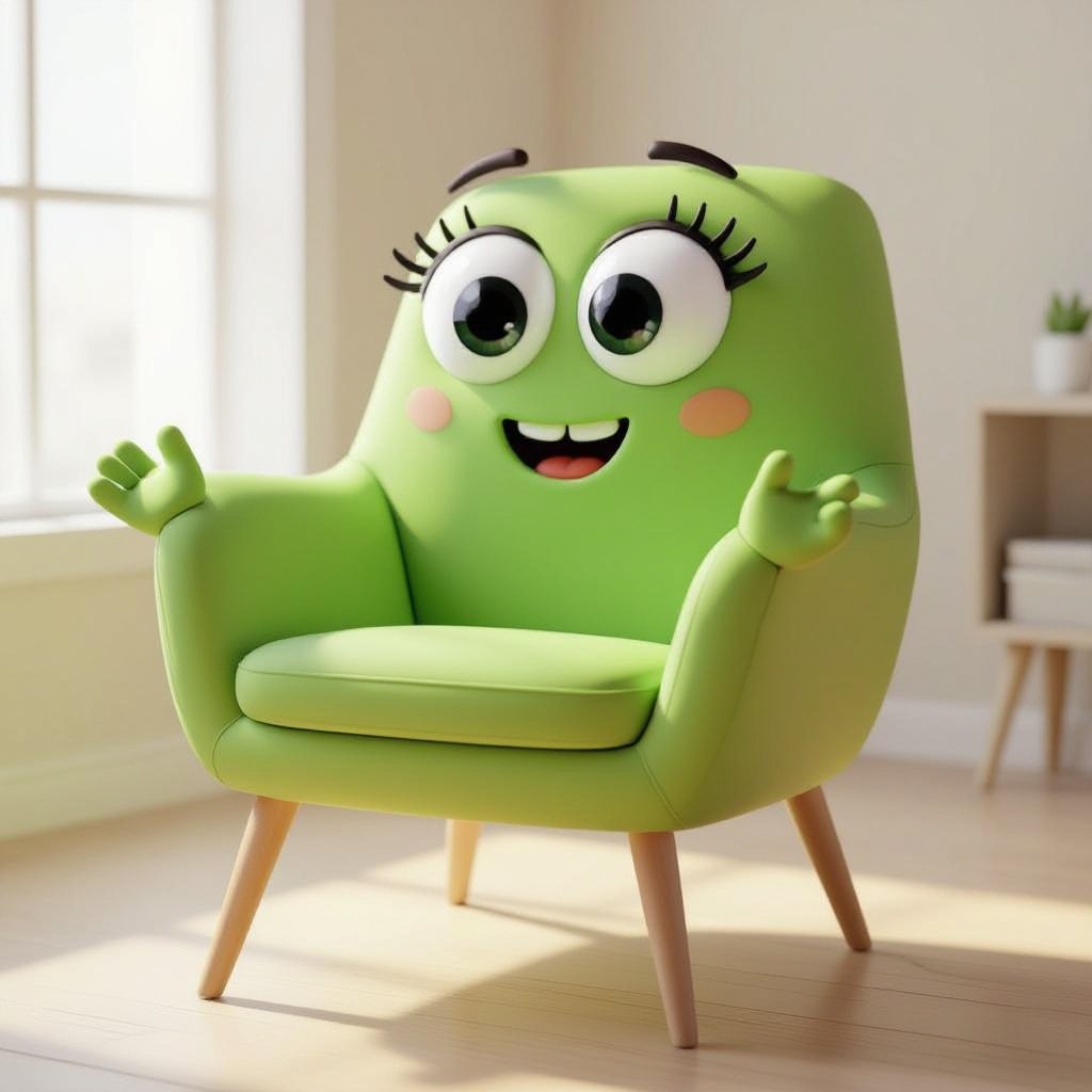Una silla verde con ojos grandes y una sonrisa y las dos patas de silla atrás y adelante pies y con manos