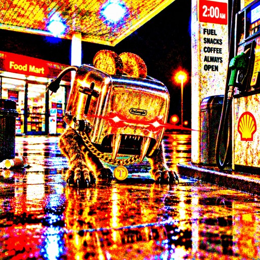 Cartoonish orange creature standing outside a brightly lit gas station at night