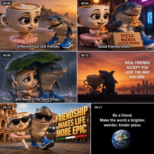 Animated cartoon characters share pizza and friendship jokes in colorful meme panels, with a globe in the final panel.