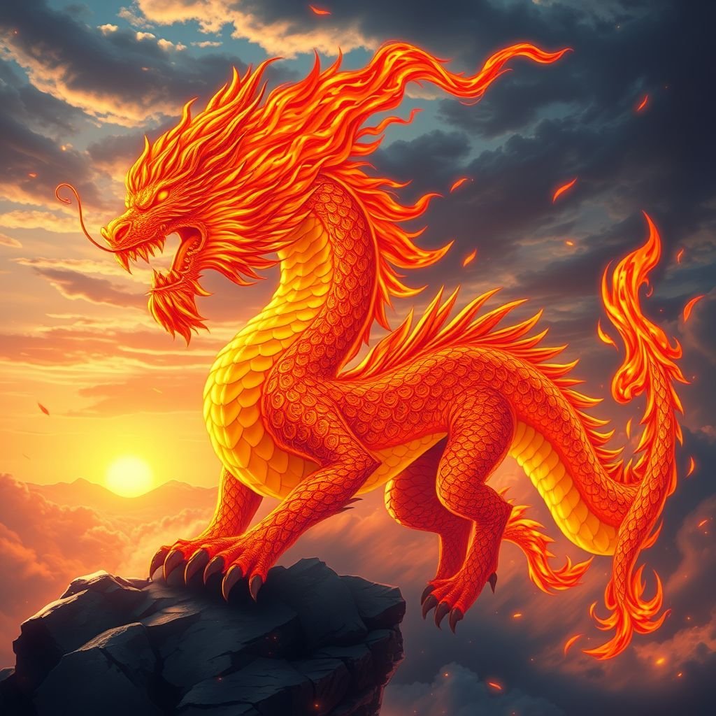 Un drago in fiamme con testa di leone 