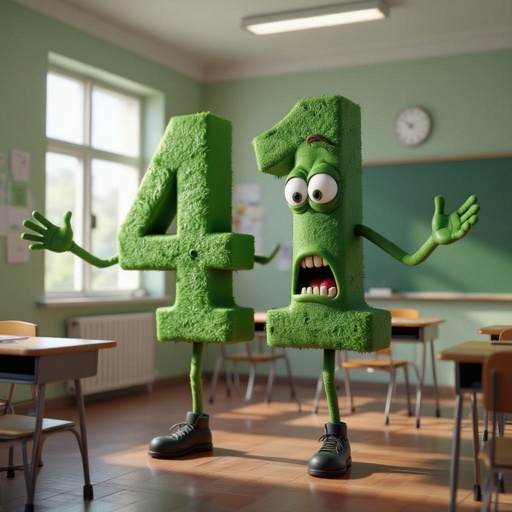 The number 41 is green and have cartoon arms and a mouth and cartoon legs and is is looking evil and he is in the classroom