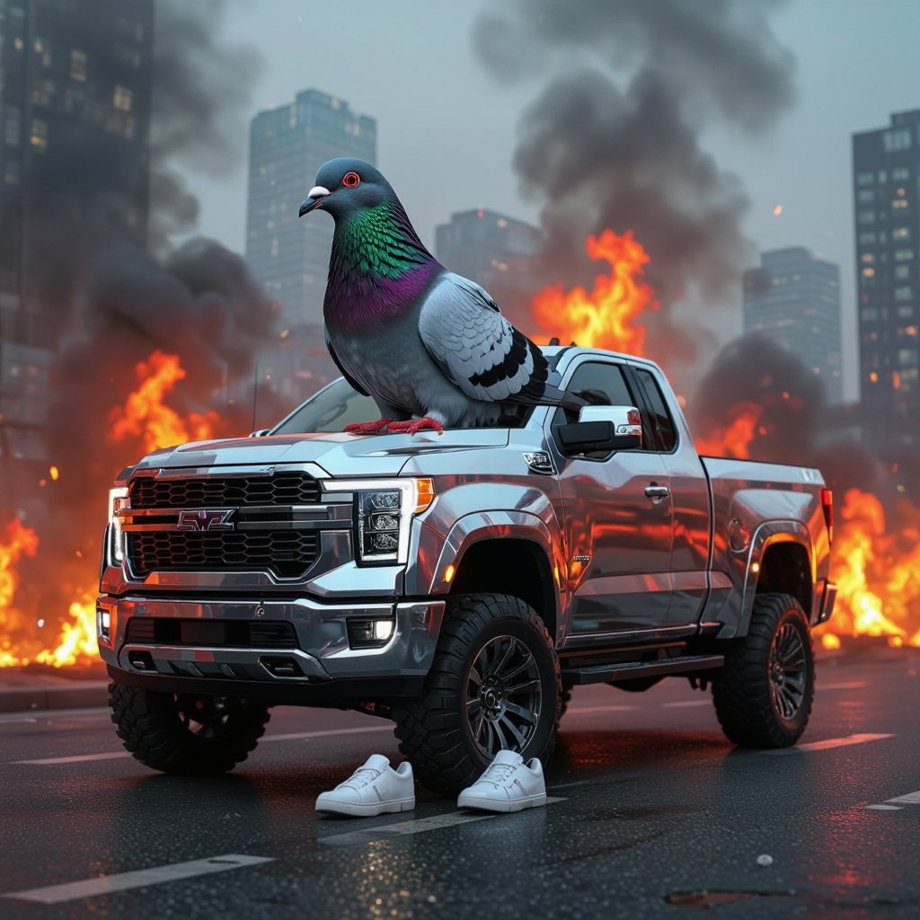 Pigeon with cyber truck  body wear 2 white shoes in city on fire