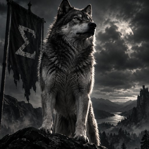 Grayscale fantasy wolf standing on a rocky mountain beneath stormy clouds