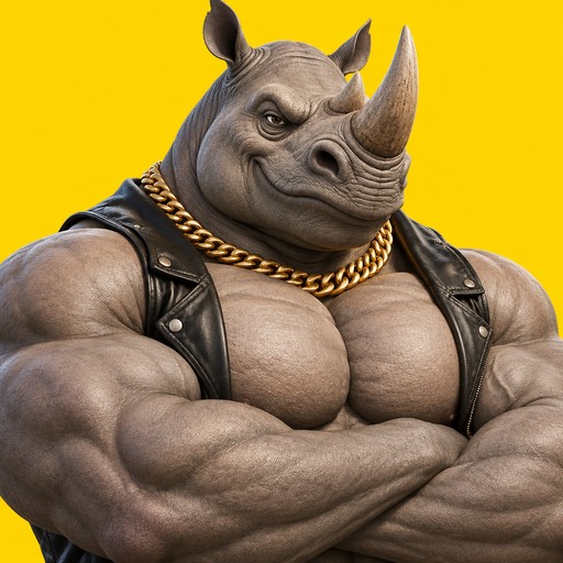 Stylized rhinoceros character wearing a leather vest and gold chains, arms crossed.