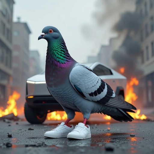 Pigeon with cybertruck body wear 2 white shoes in city on fire