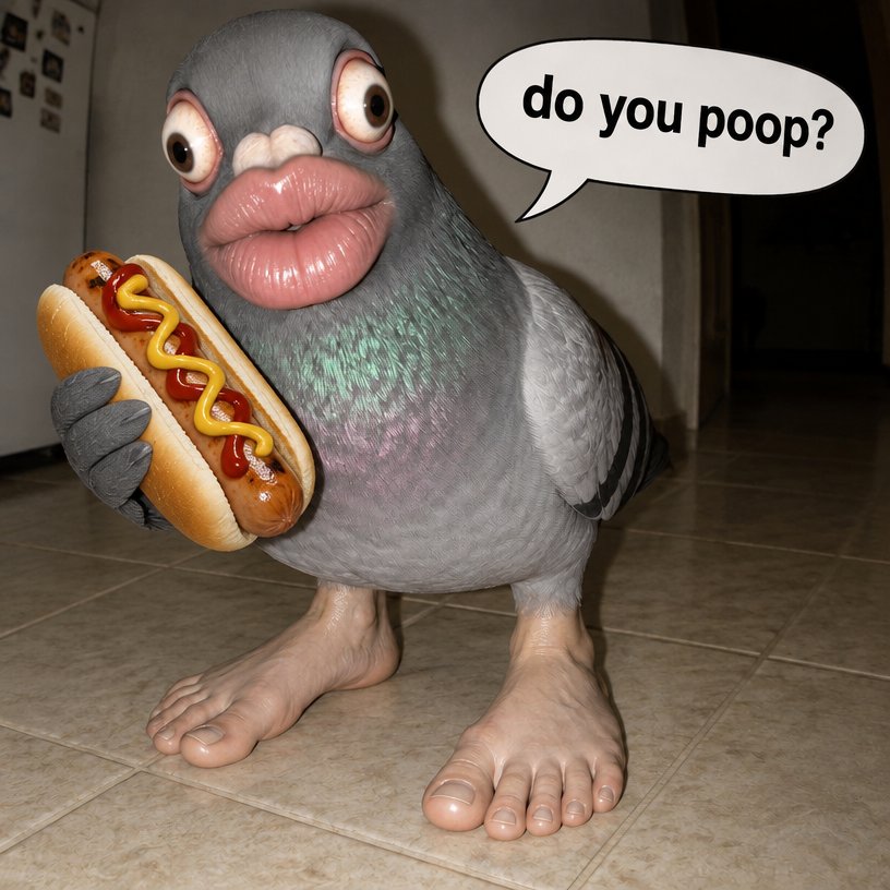 Surreal pigeon holding a hot dog beside a speech bubble in a tiled room.