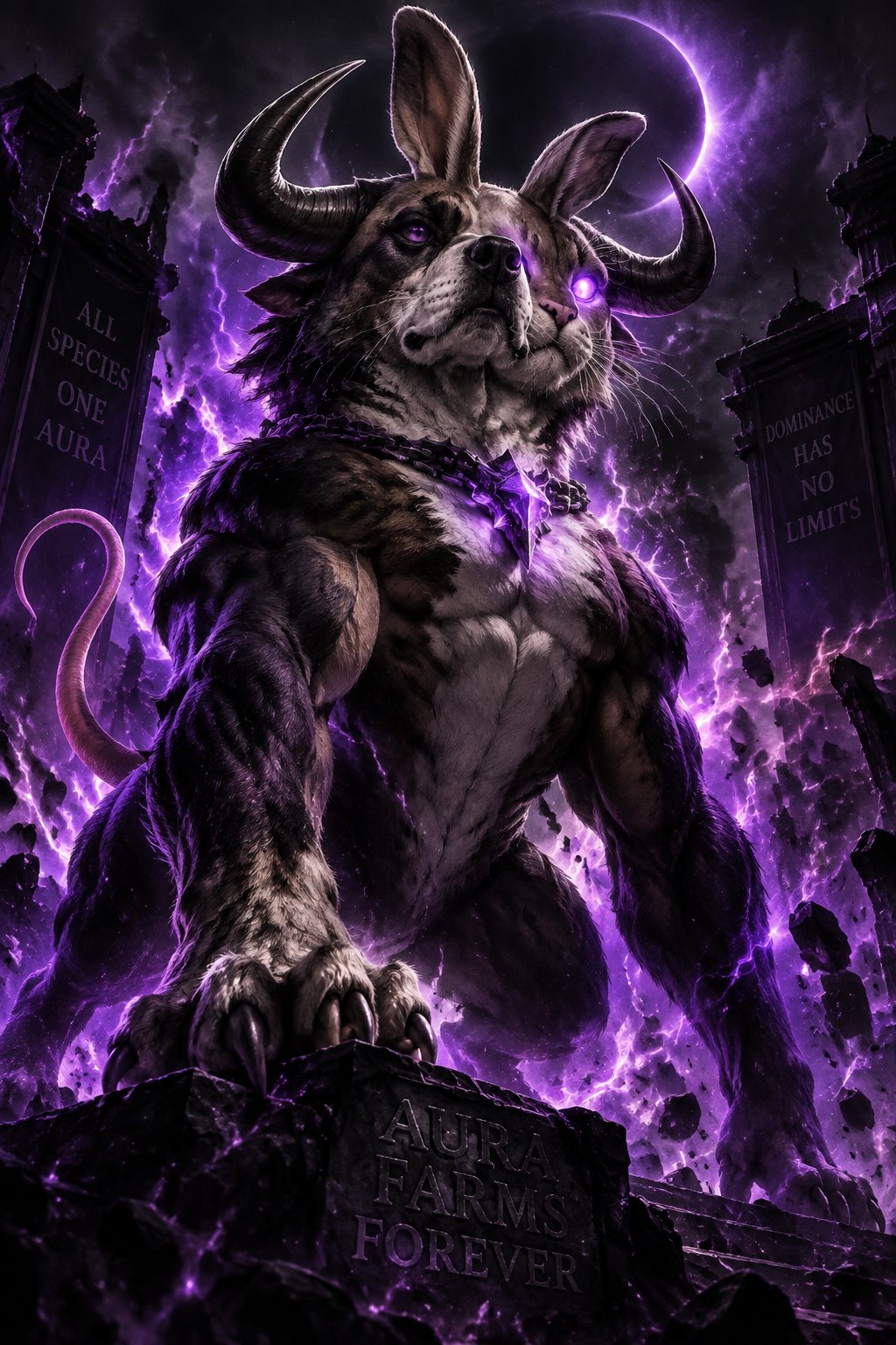 Muscular horned wolf creature amid purple flames and dark gothic buildings, digital fantasy art
