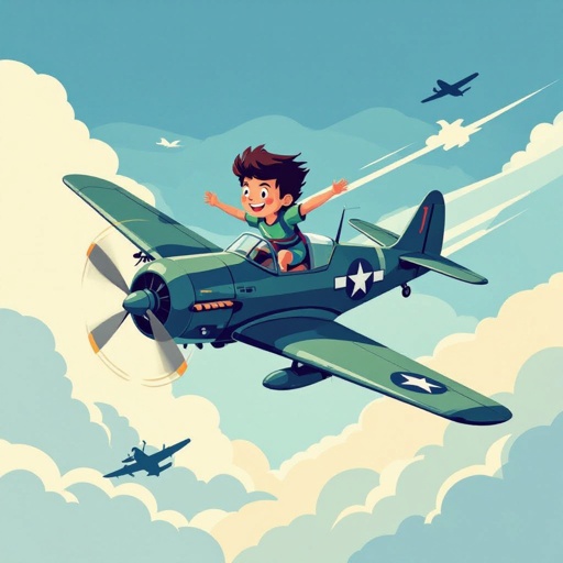 Make a kid flying in the sky fusioned with a war plane