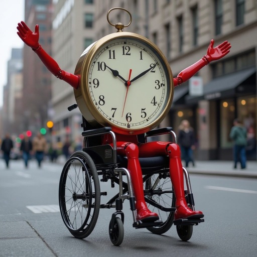 Clock with human face 2 red arm 2 red leg ride wheelchair in city