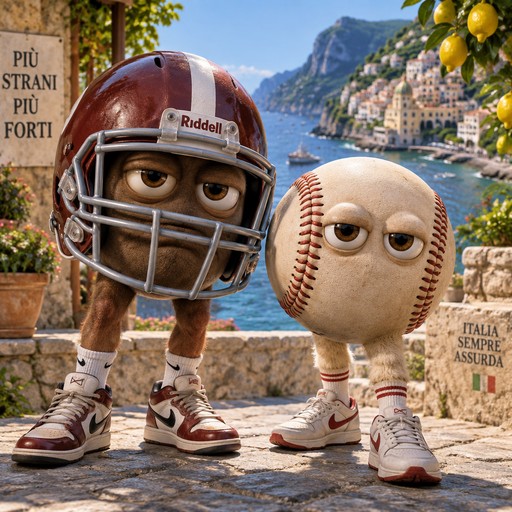 Cartoon football and baseball characters stand by a sunny seaside town.